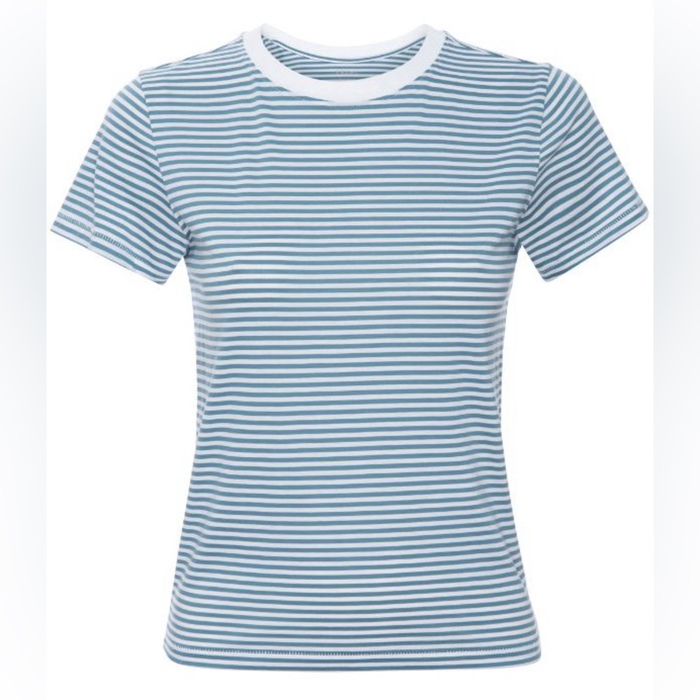 FRAME 100% Cotton Blue & White Striped Crewneck T Shirt
